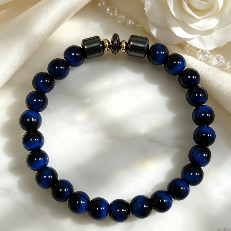 Men's Deep Blue Round Bead Elastic Bracelet, Casual Wear